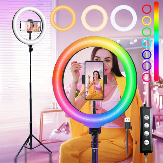 52 Inch Expandable ZOMEI Tripod with 10 Inch Selfie Light, Dimmable LED Ring, Adjustable Brightness, Phone Holder for Makeup, Live Streaming, Photography, and Vlogging - Sturdy, Portable, and Compact Design