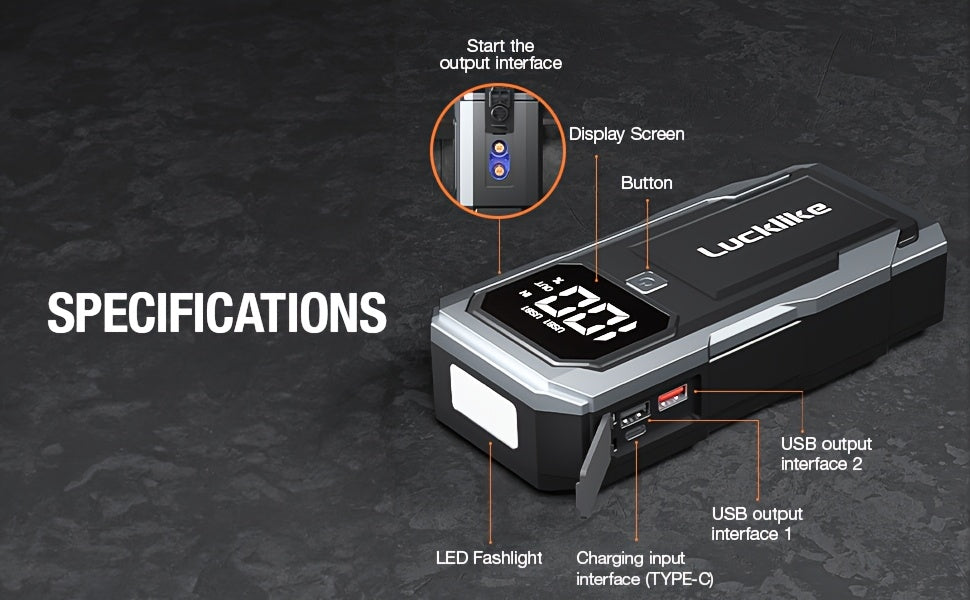 5000A Portable Car Battery Jump Starter, Lucklike Jump Starter Battery Pack for 2.11gal Gas/1.85gal Diesel Engines, 12V Jump Box with Charger Power Bank, Emergency Tools with Light A