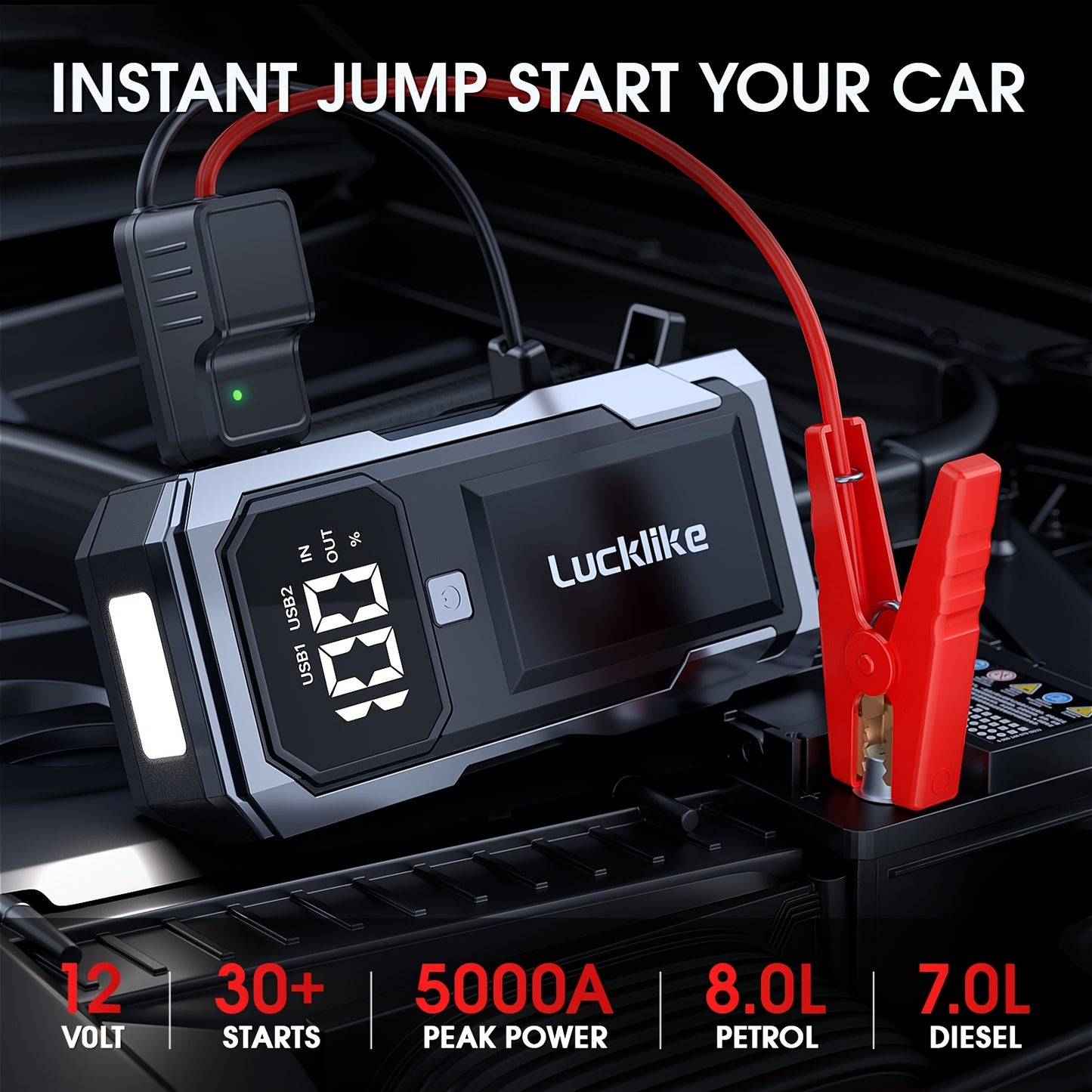 5000A Portable Car Battery Jump Starter, Lucklike Jump Starter Battery Pack for 2.11gal Gas/1.85gal Diesel Engines, 12V Jump Box with Charger Power Bank, Emergency Tools with Light A