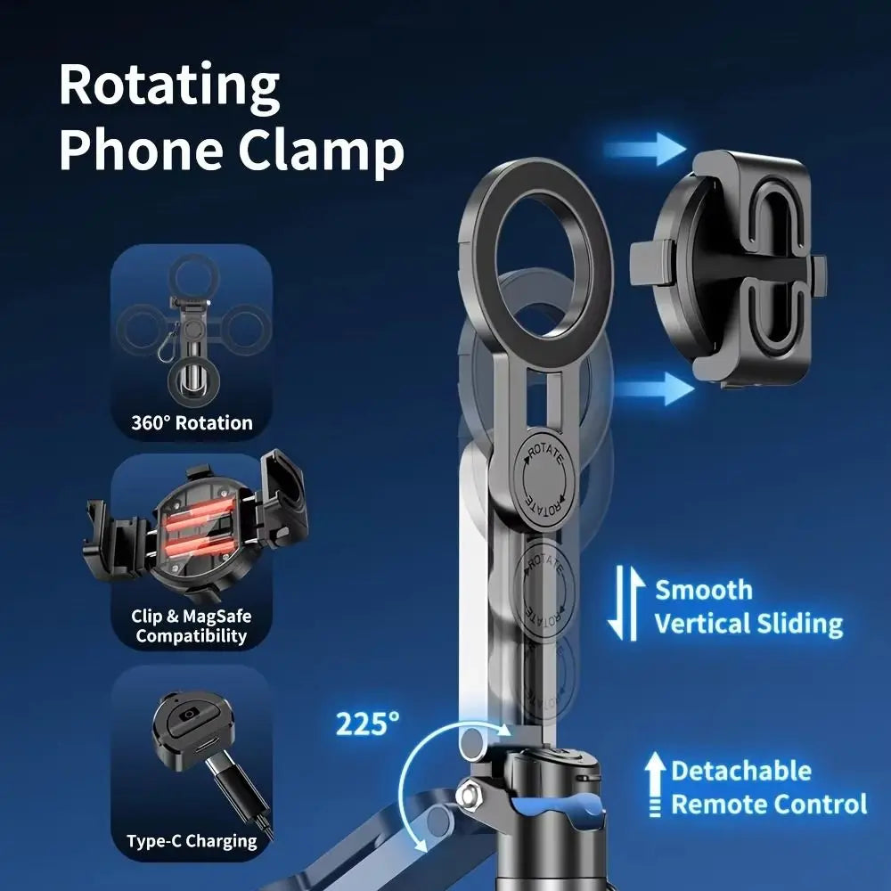 Foldable Magnetic Selfie Stick Telescopic with Detachable Remote Magnetic Phone Tripod Adjustable Portable Extendable Phone Grip