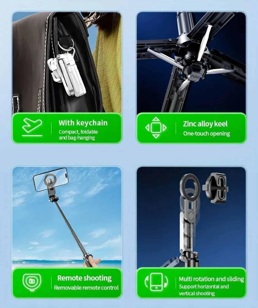 Foldable Magnetic Selfie Stick Telescopic with Detachable Remote Magnetic Phone Tripod Adjustable Portable Extendable Phone Grip
