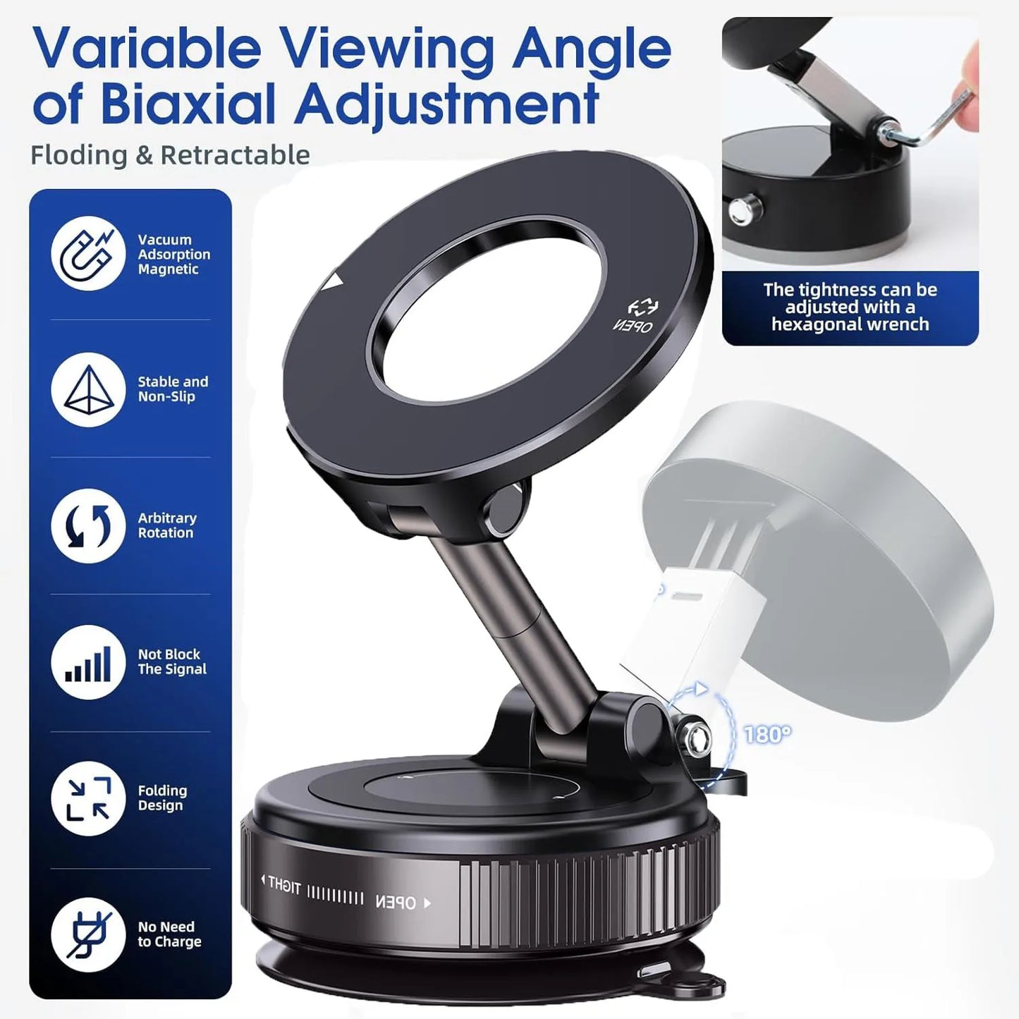 360° Rotation Vacuum Magnetic Phone Holder, Foldable and Retractable Suction Cup Car Phone Mount for Car/Gym/Mirror/Smooth