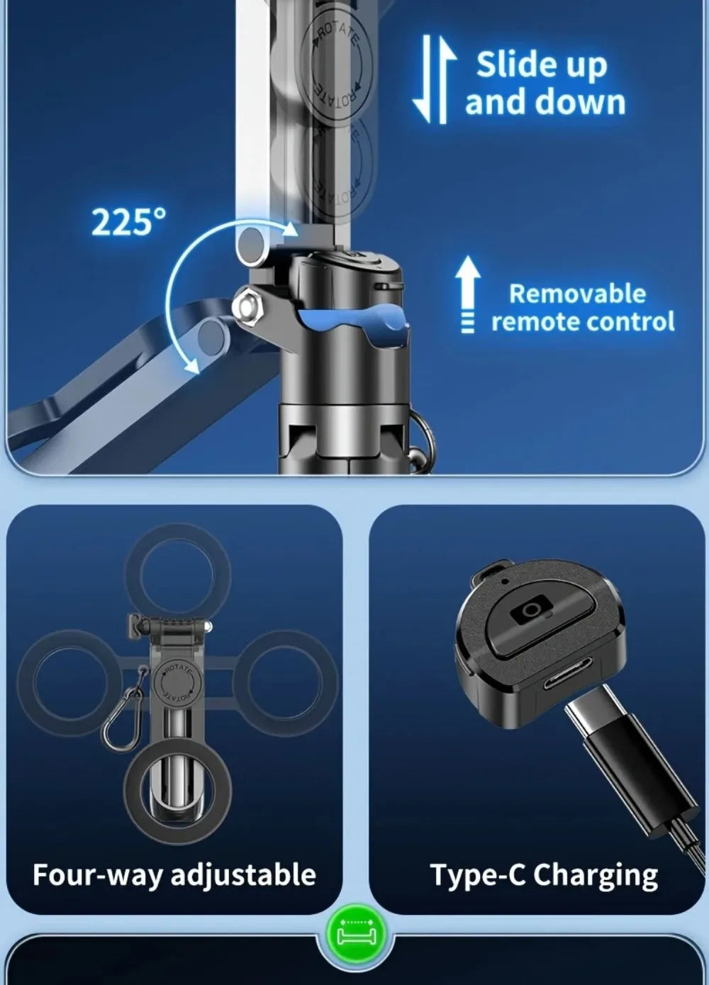 Foldable Magnetic Selfie Stick Telescopic with Detachable Remote Magnetic Phone Tripod Adjustable Portable Extendable Phone Grip