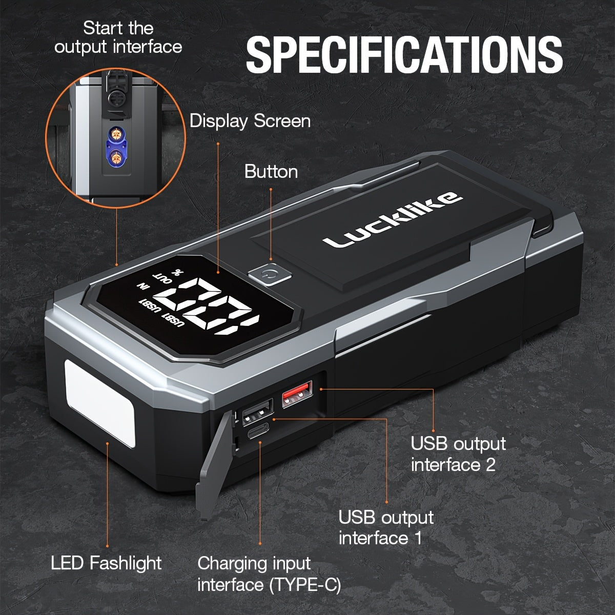 5000A Portable Car Battery Jump Starter, Lucklike Jump Starter Battery Pack for 2.11gal Gas/1.85gal Diesel Engines, 12V Jump Box with Charger Power Bank, Emergency Tools with Light A