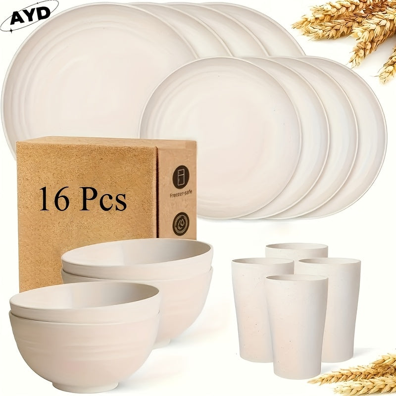 [Unbreakable Dinnerware Set] 32/16pcs Unbreakable Wheat Straw Dinnerware Set | Service For 8/4, Large Size Modern Dish Set-Plate/Dessert Plate/Bowl/Cup, Dishwasher & Microwave Safe, Lightweight Tableware, Perfect for Camping,