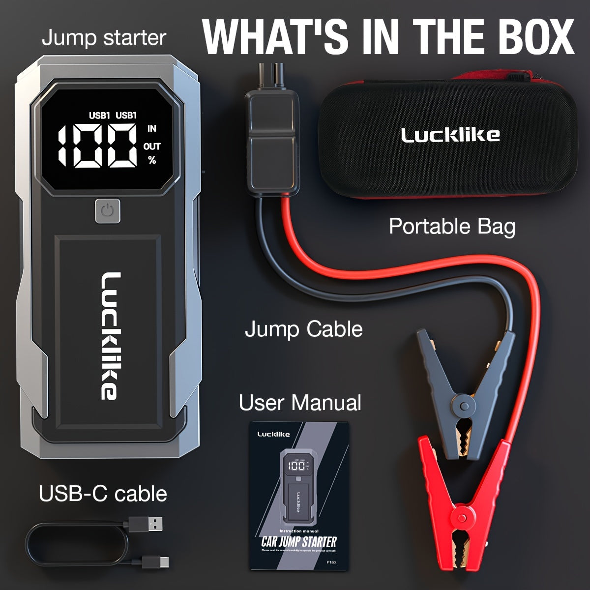 5000A Portable Car Battery Jump Starter, Lucklike Jump Starter Battery Pack for 2.11gal Gas/1.85gal Diesel Engines, 12V Jump Box with Charger Power Bank, Emergency Tools with Light A