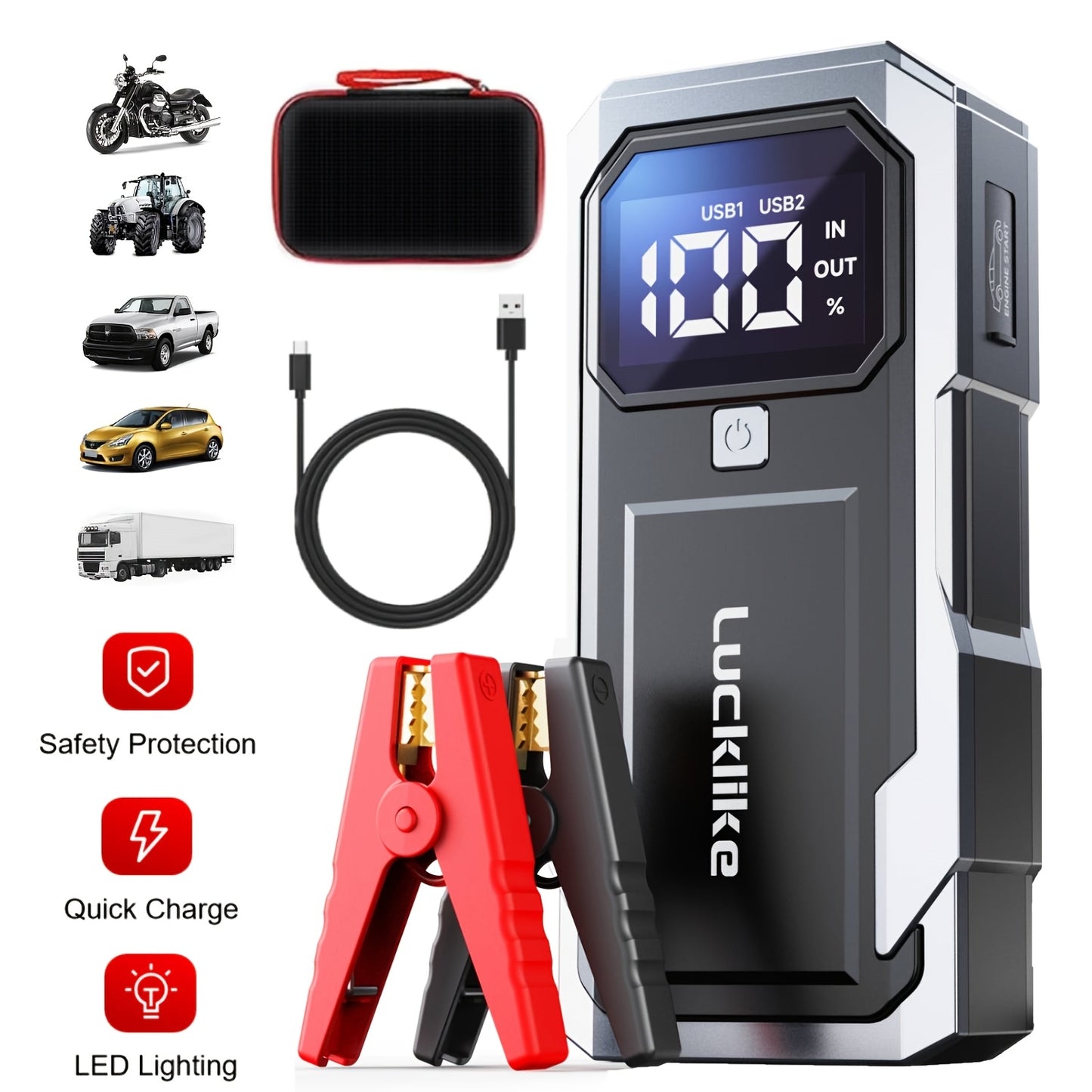 5000A Portable Car Battery Jump Starter, Lucklike Jump Starter Battery Pack for 2.11gal Gas/1.85gal Diesel Engines, 12V Jump Box with Charger Power Bank, Emergency Tools with Light A